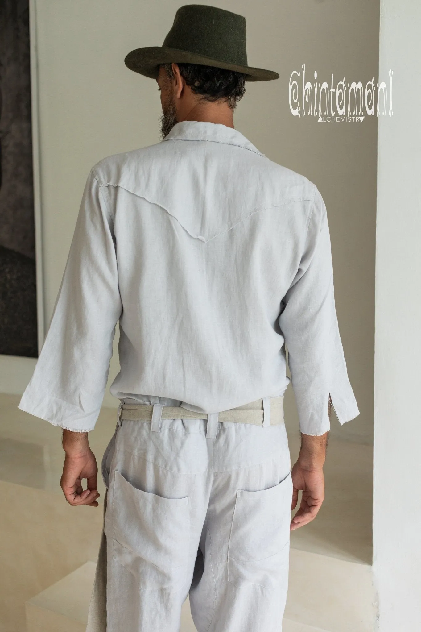 3/4 Linen Overalls for Men / Coverall Jumpsuit with Belt / Gray