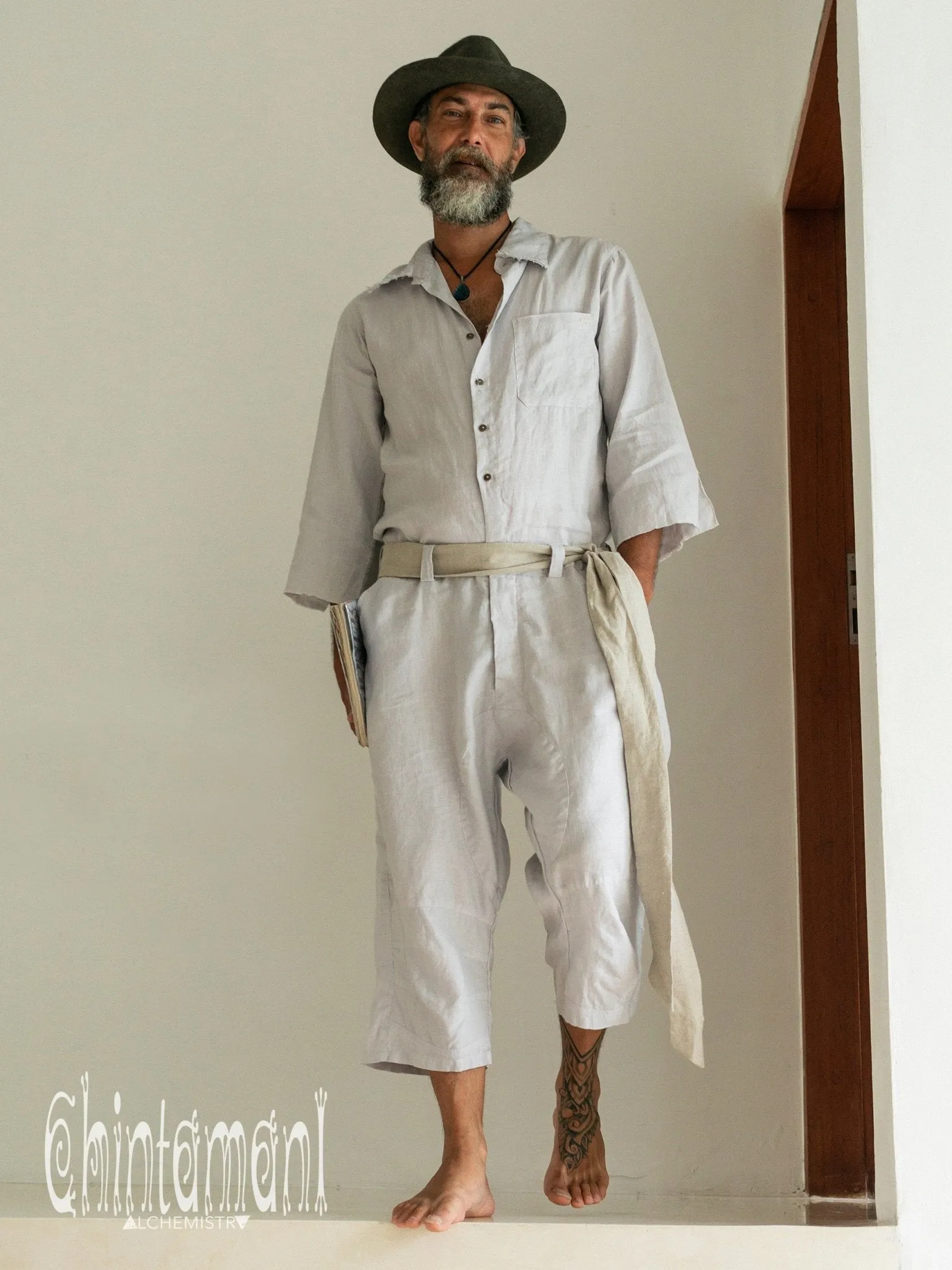 3/4 Linen Overalls for Men / Coverall Jumpsuit with Belt / Gray