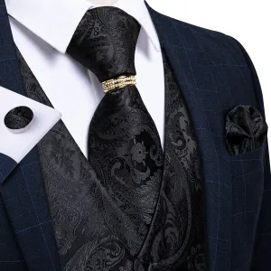 5 Piece Classic Black Wedding Vest for Men Silk Suit Vest Tie Ring Cufflinks Hanky Set for Party Formal Dress Business Casual Waistcoat