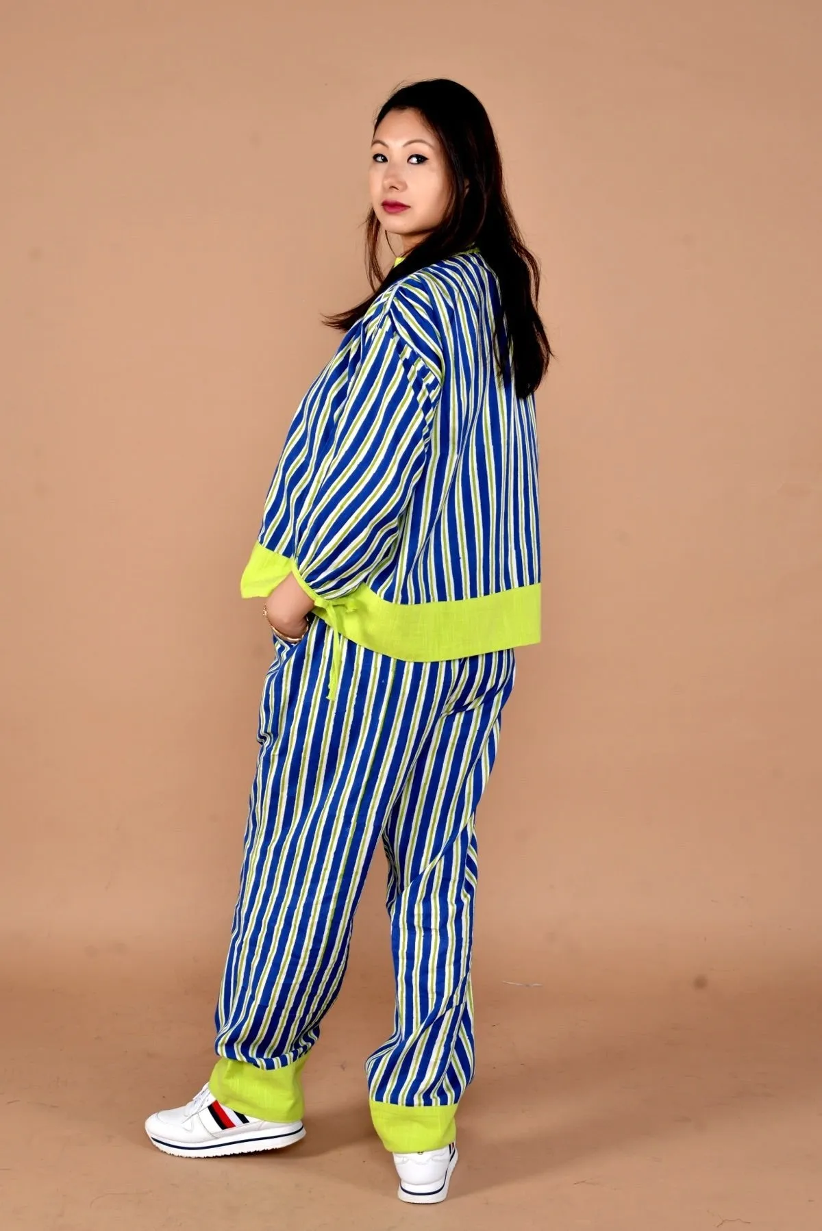 Aashi 2 Pc Blue Stripe Print Handloom Cotton Co-Ord Set