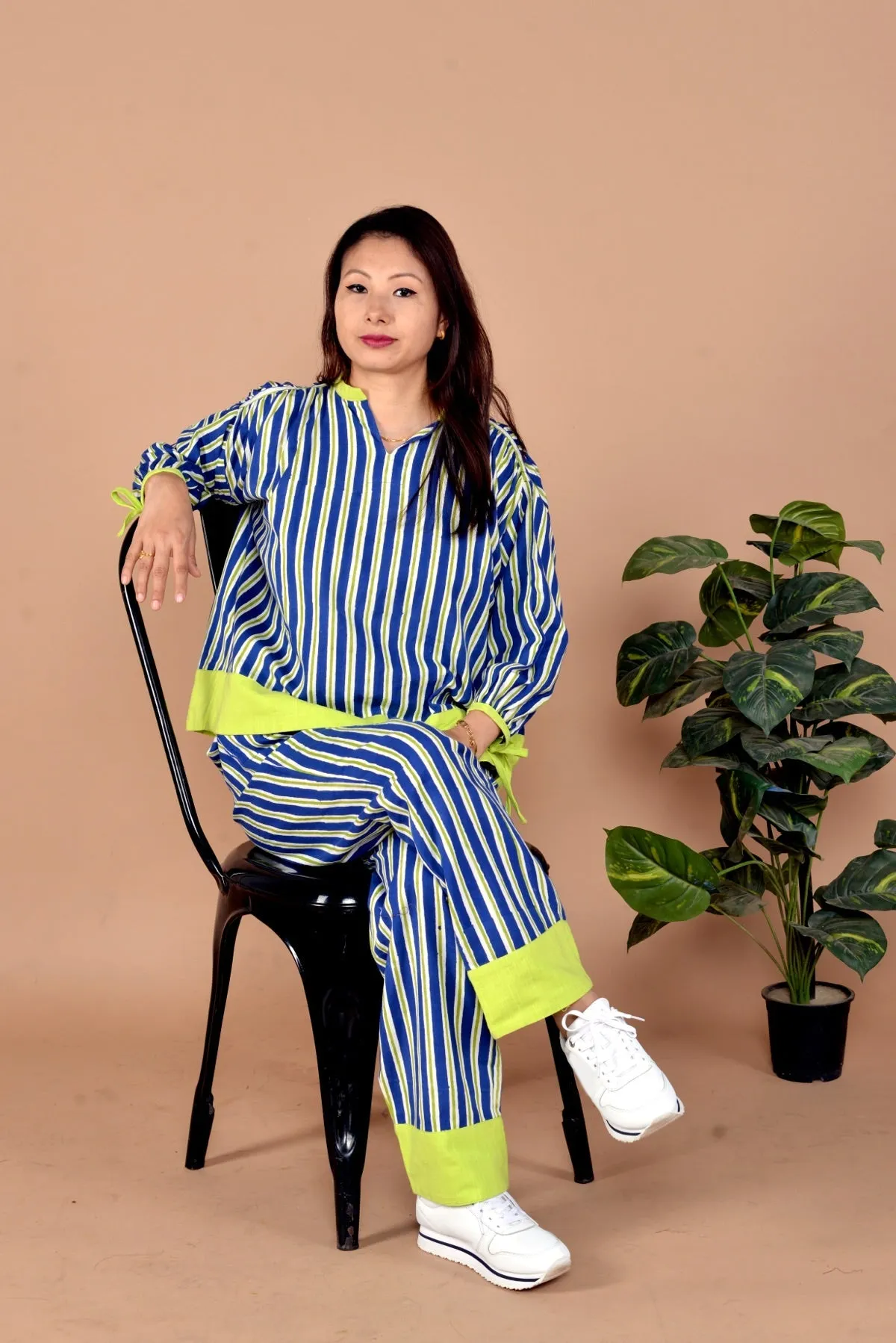 Aashi 2 Pc Blue Stripe Print Handloom Cotton Co-Ord Set