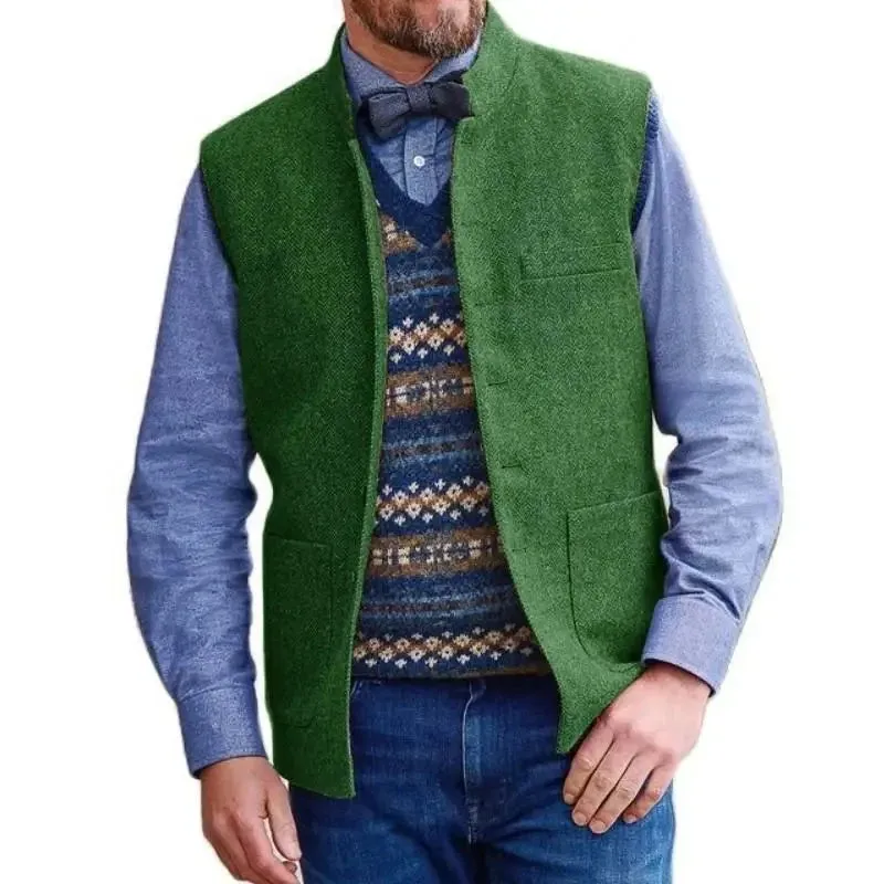 Aidase Herringbone Men Vest Blue Stand Collar Wedding Tweed Male Gentleman Business Waistcoat For Wedding Banquet Set