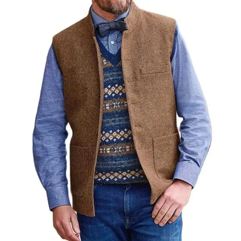 Aidase Herringbone Men Vest Blue Stand Collar Wedding Tweed Male Gentleman Business Waistcoat For Wedding Banquet Set