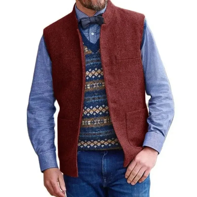 Aidase Herringbone Men Vest Blue Stand Collar Wedding Tweed Male Gentleman Business Waistcoat For Wedding Banquet Set