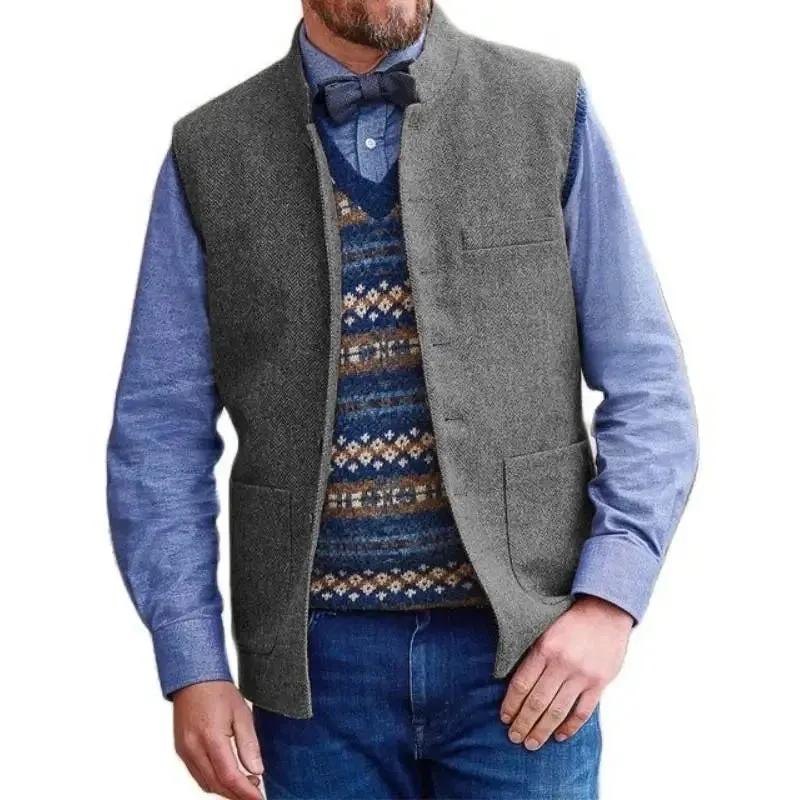 Aidase Herringbone Men Vest Blue Stand Collar Wedding Tweed Male Gentleman Business Waistcoat For Wedding Banquet Set