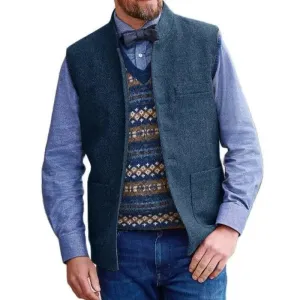 Aidase Herringbone Men Vest Blue Stand Collar Wedding Tweed Male Gentleman Business Waistcoat For Wedding Banquet Set