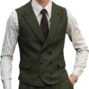 Aidase Herringbone Men Vest Dark Green Suede Leather Gentleman Business Waistcoat Vintage Regular Slim Men Suit Vest