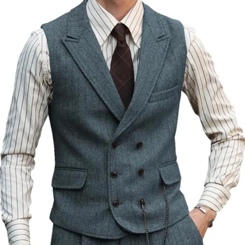 Aidase Herringbone Men Vest Dark Green Suede Leather Gentleman Business Waistcoat Vintage Regular Slim Men Suit Vest