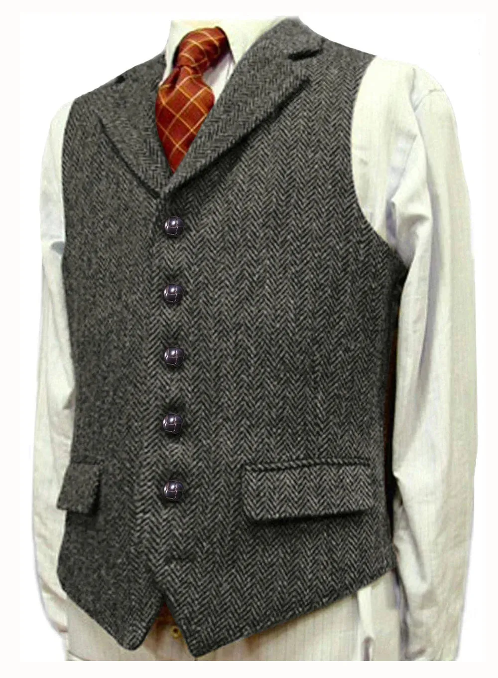 Aidase Herringbone Men's Vests V Neck Boutique Herringbone Wool Tweed Slim Fit Waistcoat Casual Formal Business Groomman for Wedding