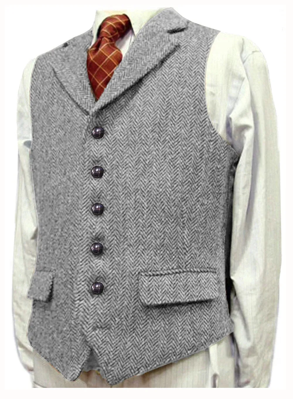 Aidase Herringbone Men's Vests V Neck Boutique Herringbone Wool Tweed Slim Fit Waistcoat Casual Formal Business Groomman for Wedding