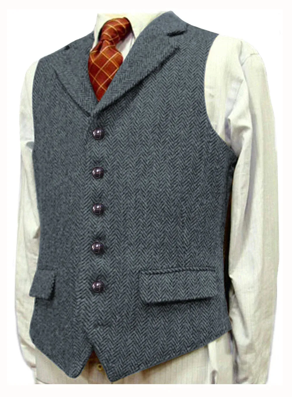 Aidase Herringbone Men's Vests V Neck Boutique Herringbone Wool Tweed Slim Fit Waistcoat Casual Formal Business Groomman for Wedding