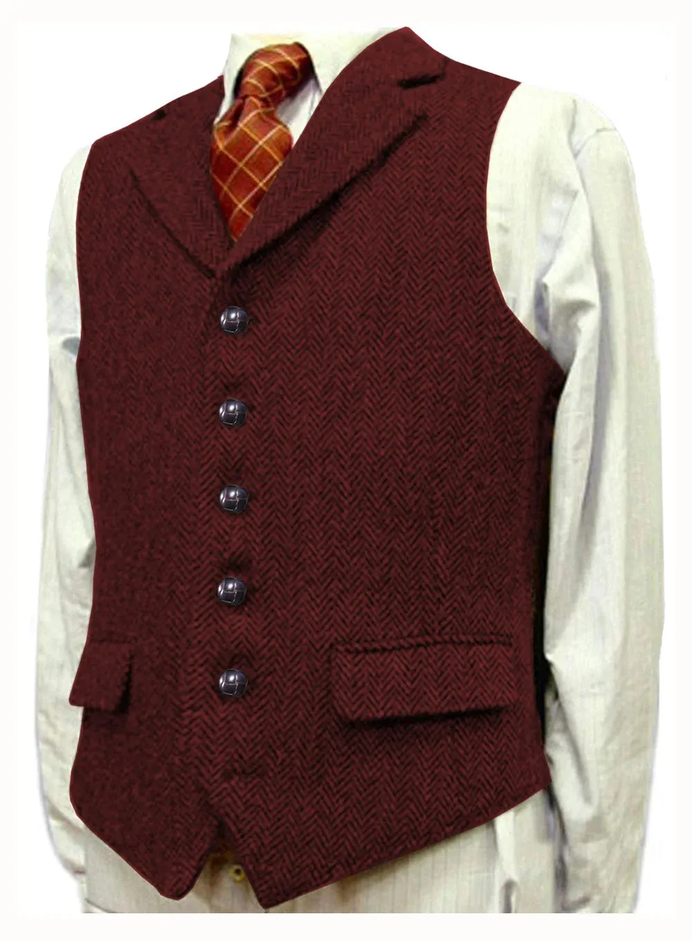 Aidase Herringbone Men's Vests V Neck Boutique Herringbone Wool Tweed Slim Fit Waistcoat Casual Formal Business Groomman for Wedding