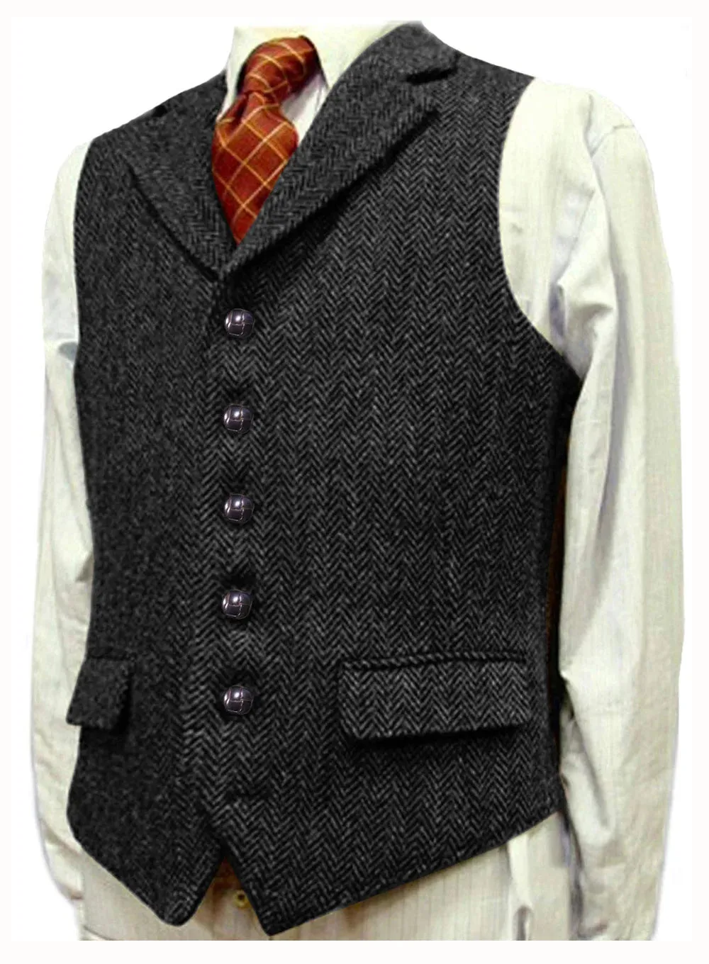 Aidase Herringbone Men's Vests V Neck Boutique Herringbone Wool Tweed Slim Fit Waistcoat Casual Formal Business Groomman for Wedding