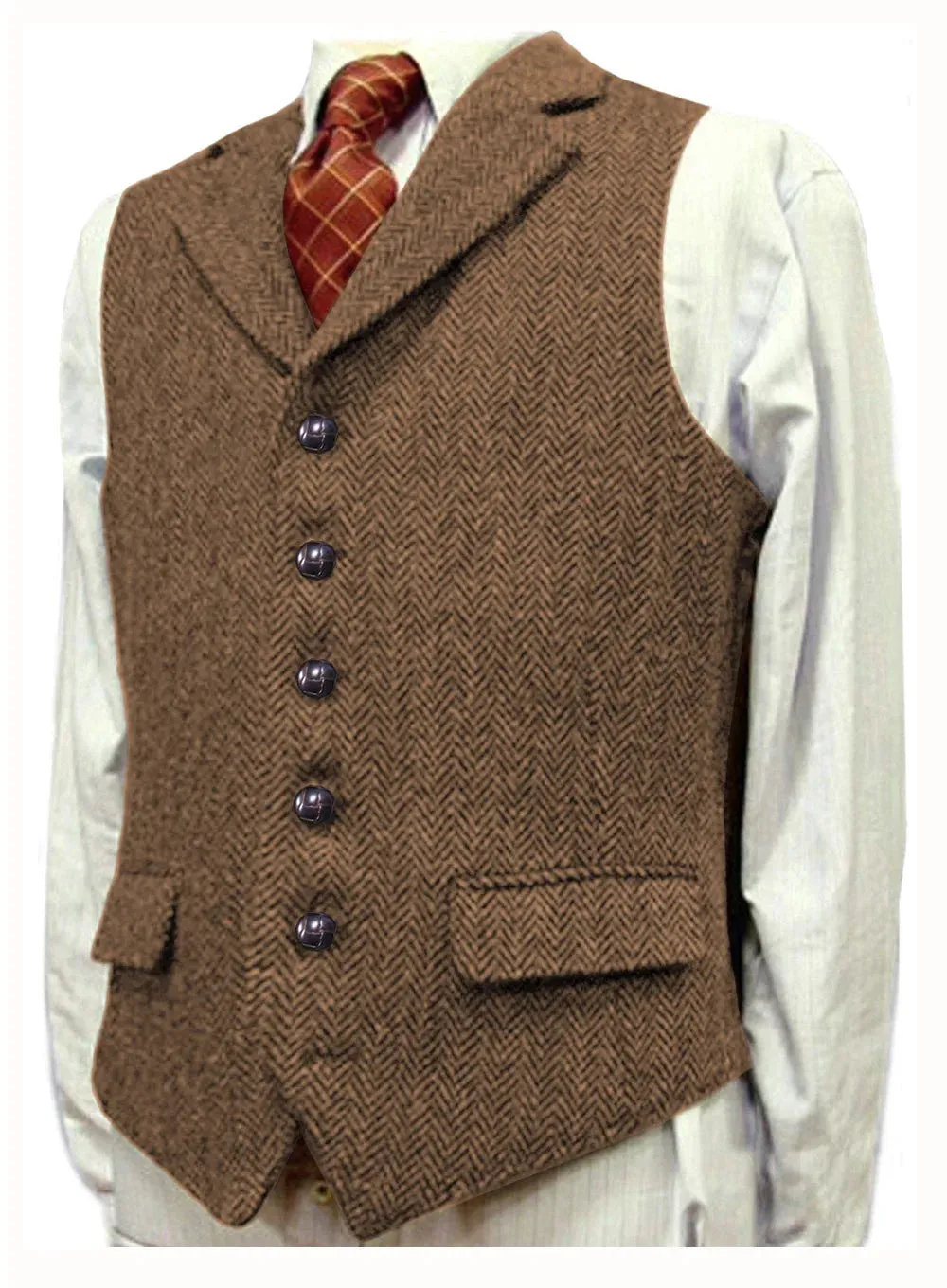 Aidase Herringbone Men's Vests V Neck Boutique Herringbone Wool Tweed Slim Fit Waistcoat Casual Formal Business Groomman for Wedding