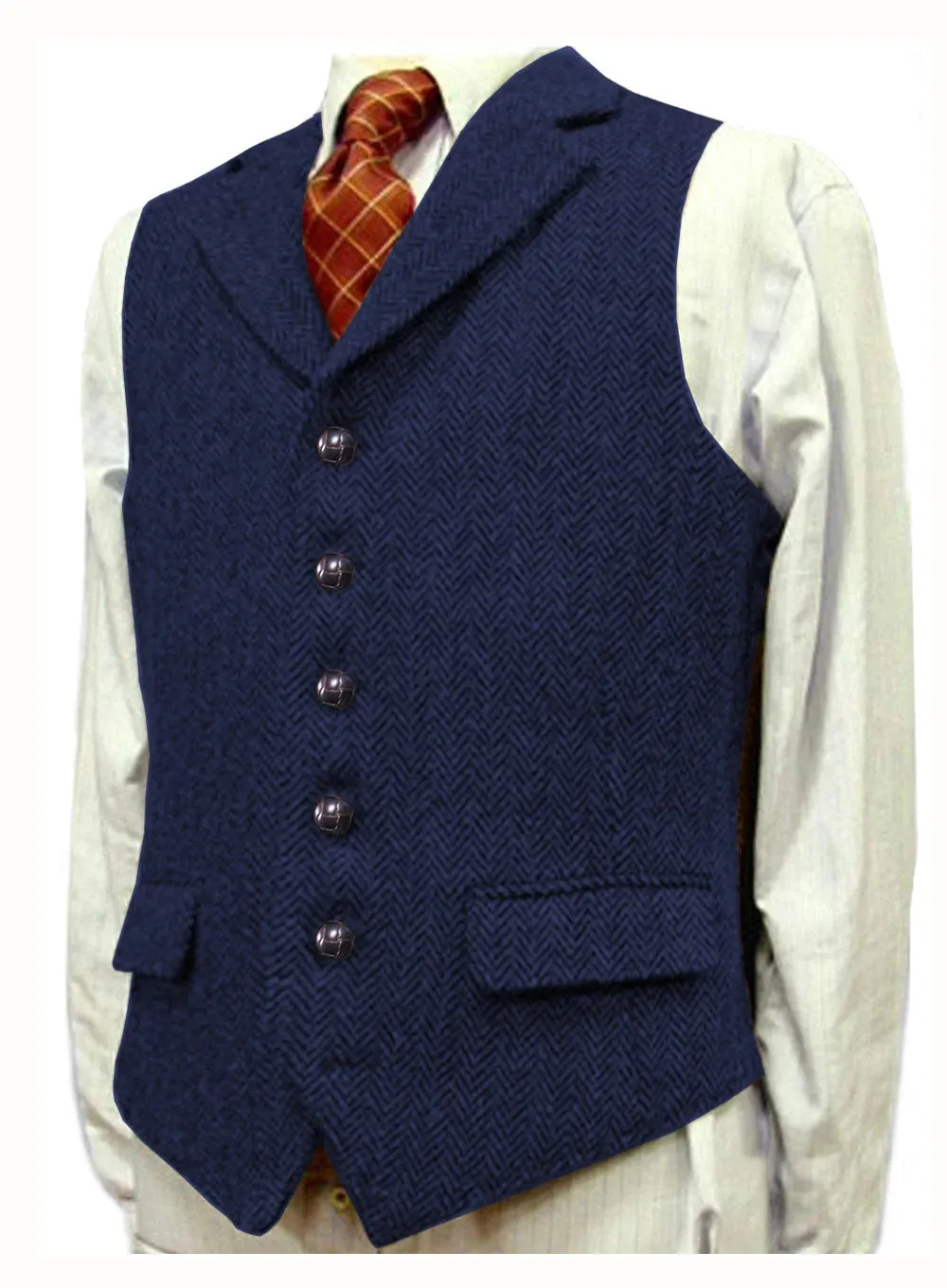 Aidase Herringbone Men's Vests V Neck Boutique Herringbone Wool Tweed Slim Fit Waistcoat Casual Formal Business Groomman for Wedding