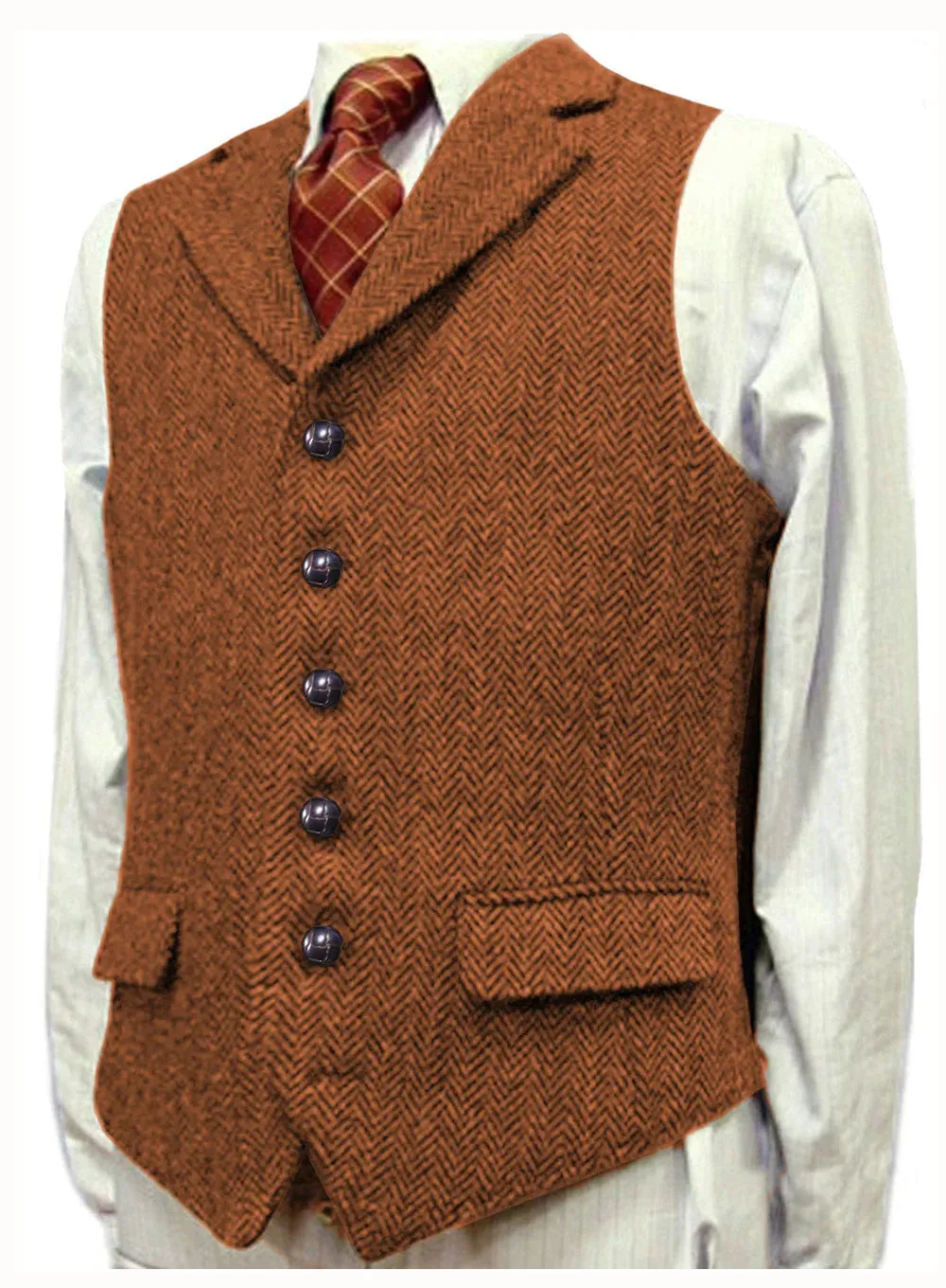 Aidase Herringbone Men's Vests V Neck Boutique Herringbone Wool Tweed Slim Fit Waistcoat Casual Formal Business Groomman for Wedding