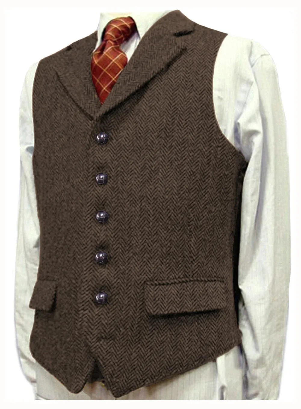 Aidase Herringbone Men's Vests V Neck Boutique Herringbone Wool Tweed Slim Fit Waistcoat Casual Formal Business Groomman for Wedding