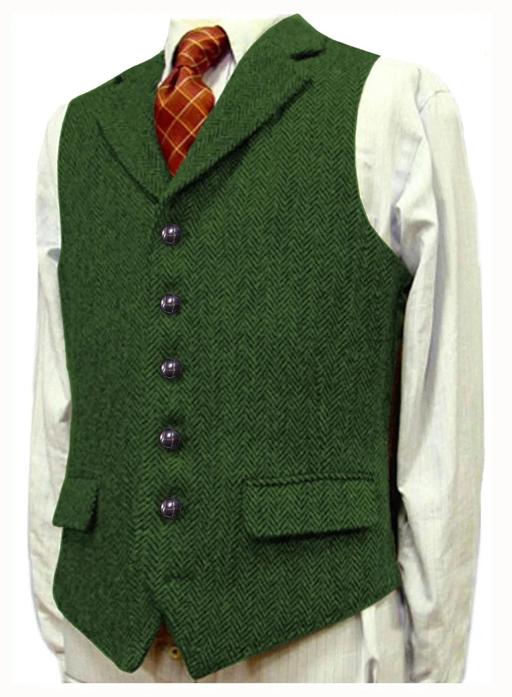 Aidase Herringbone Men's Vests V Neck Boutique Herringbone Wool Tweed Slim Fit Waistcoat Casual Formal Business Groomman for Wedding