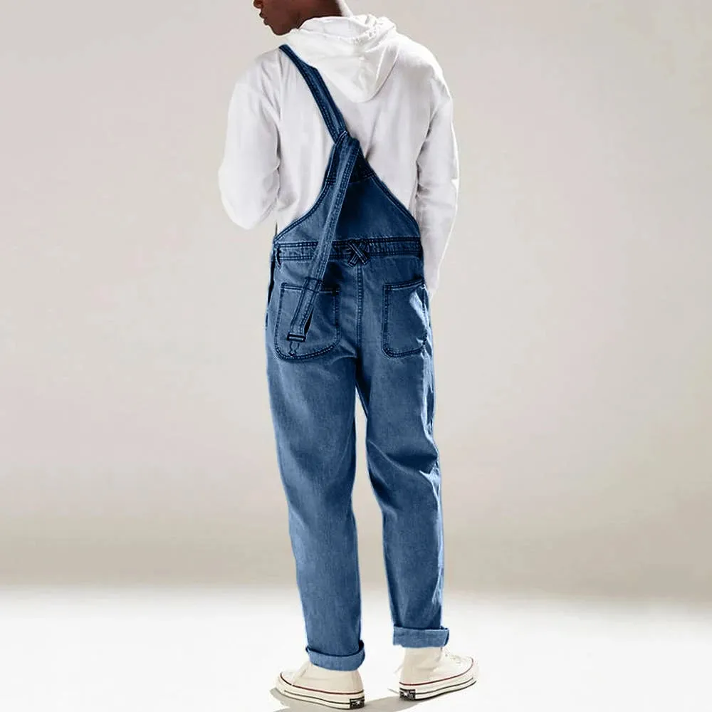 Aidase Streetwear Men's Solid Color Multi-pocket Denim Bib Overalls Casual Daily Denim Jumpsuit Fashion Male Suspender Long Pants