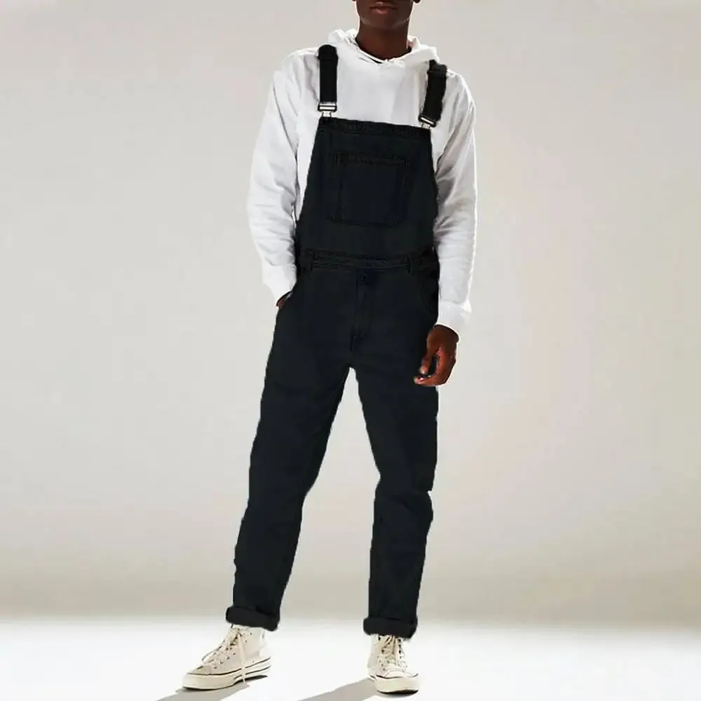 Aidase Streetwear Men's Solid Color Multi-pocket Denim Bib Overalls Casual Daily Denim Jumpsuit Fashion Male Suspender Long Pants