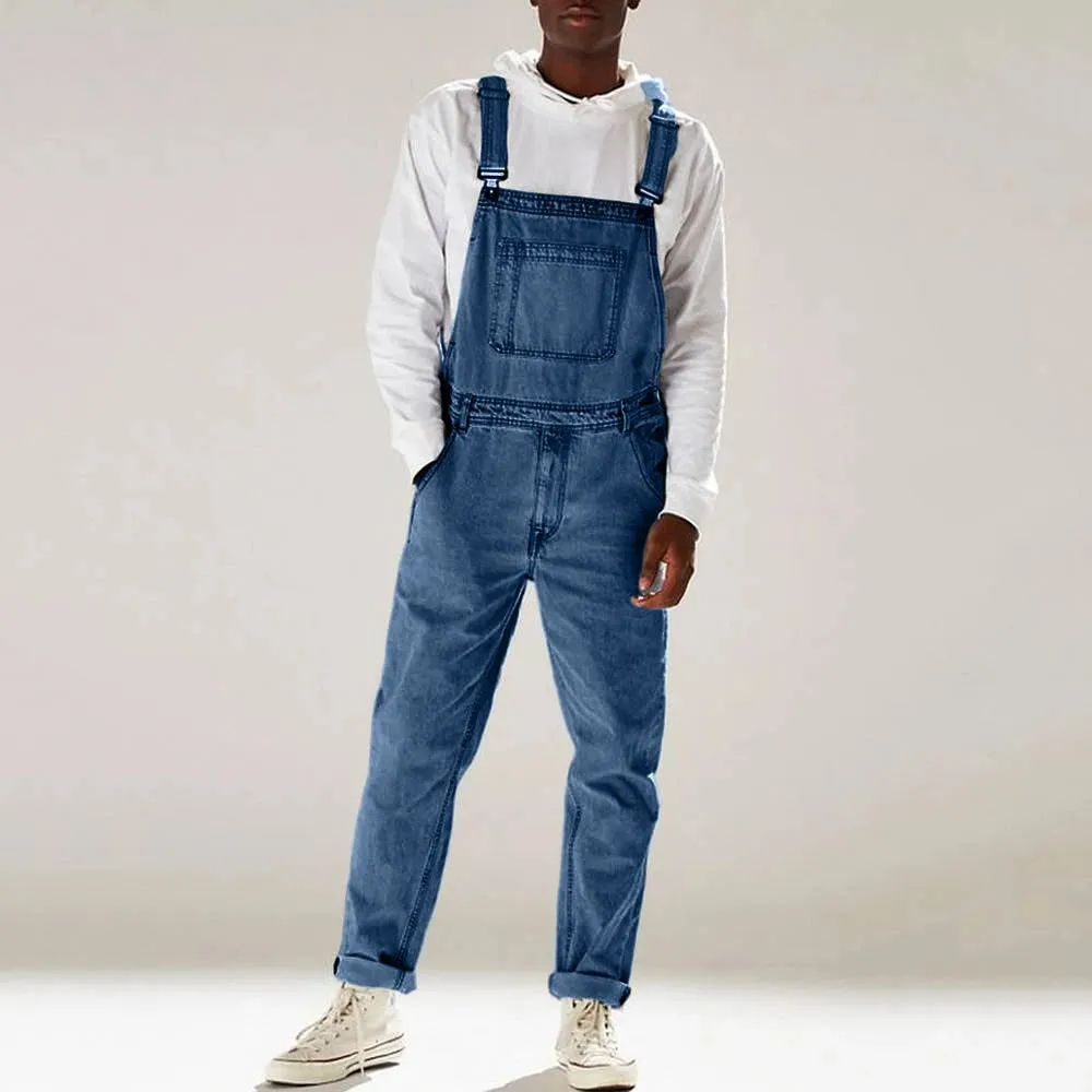 Aidase Streetwear Men's Solid Color Multi-pocket Denim Bib Overalls Casual Daily Denim Jumpsuit Fashion Male Suspender Long Pants