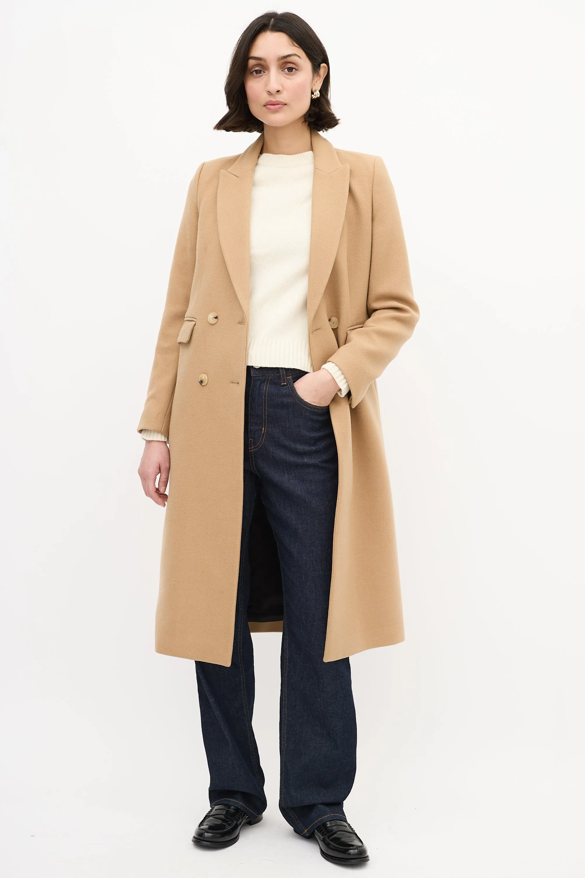 Beige Wool Long Double Breasted Coat