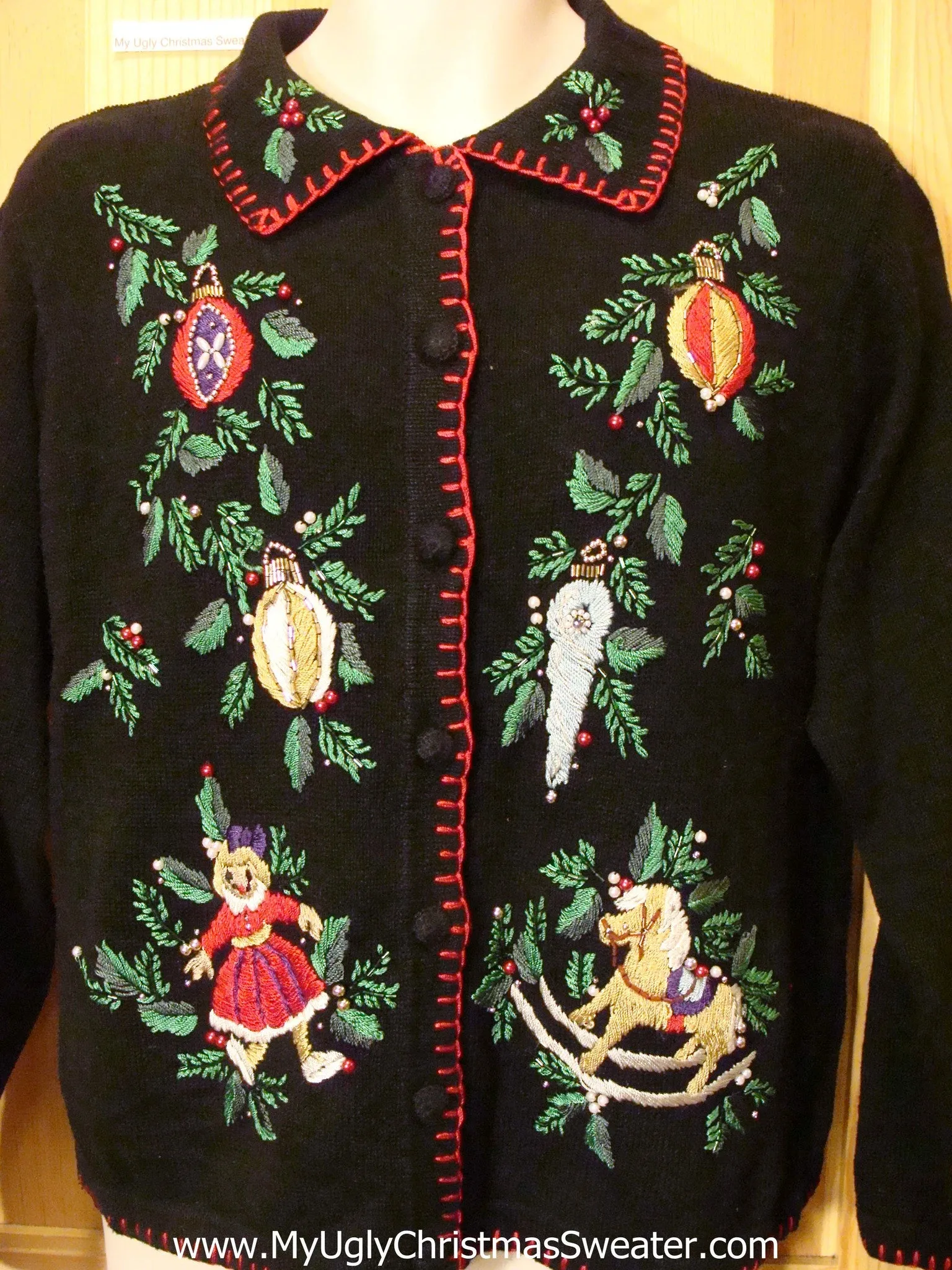 Black Funny Ugly Sweater with Rocking Horse and Doll