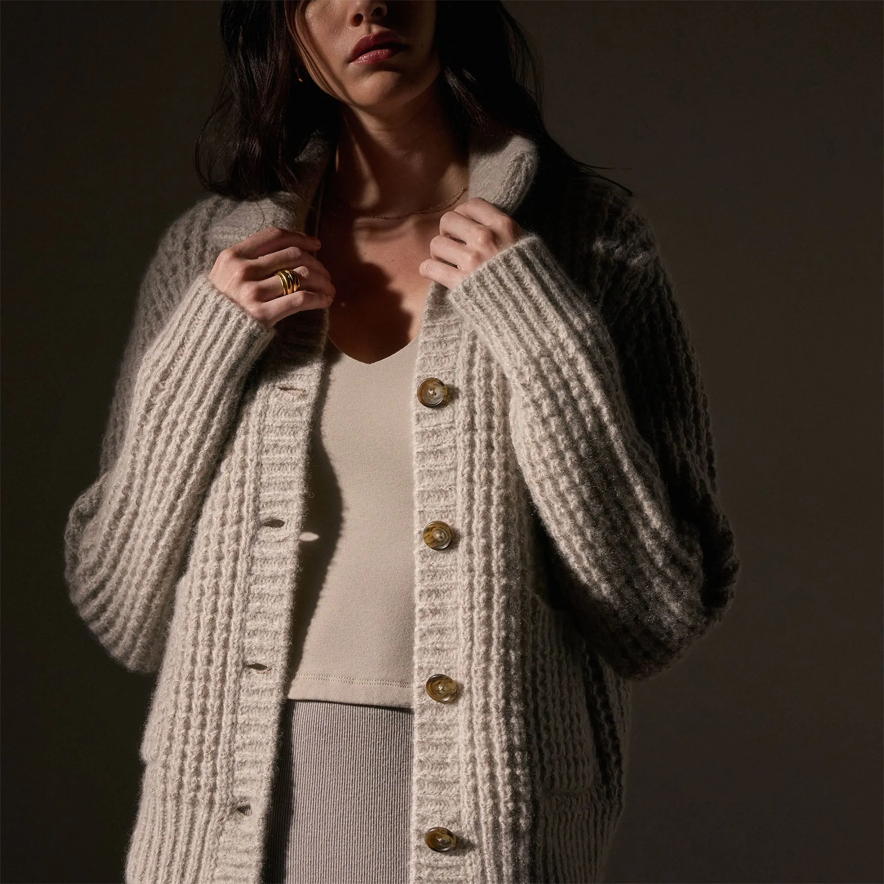 Cashmere Chunky Waffle Cardigan - Hazel