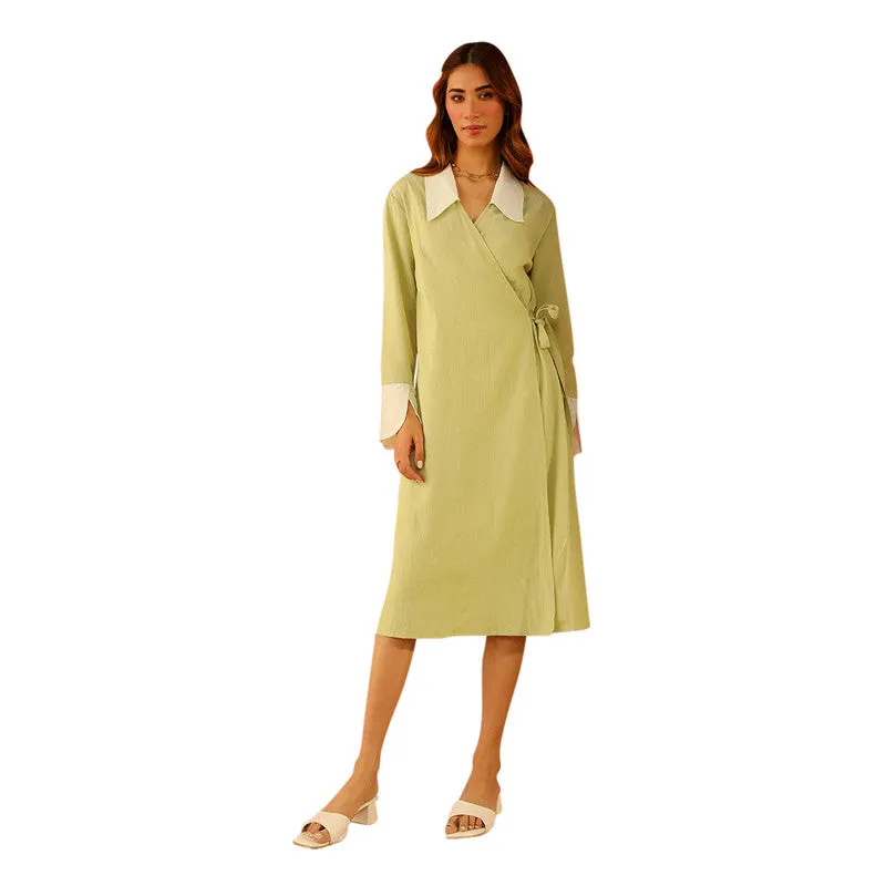 Cotton Linen Wrap Dress for Women | Green