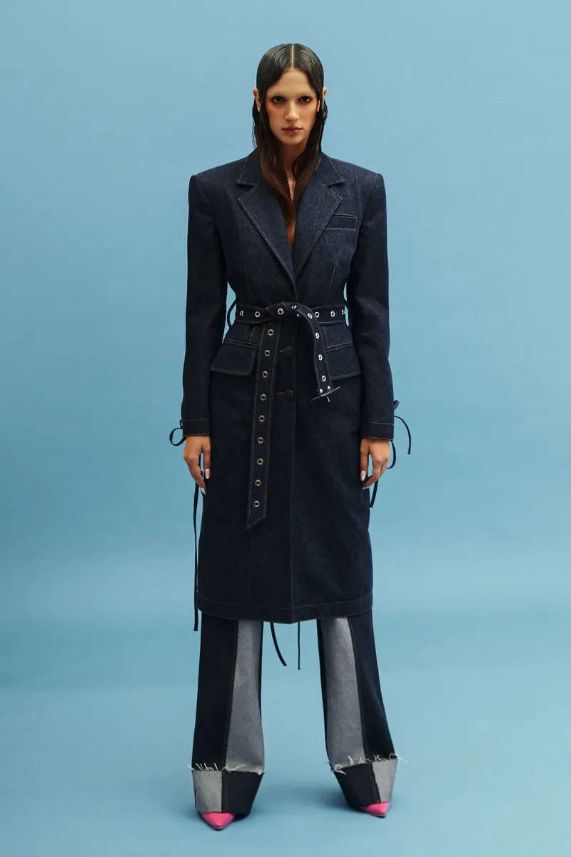 CUT OUT BELTED DENIM COAT