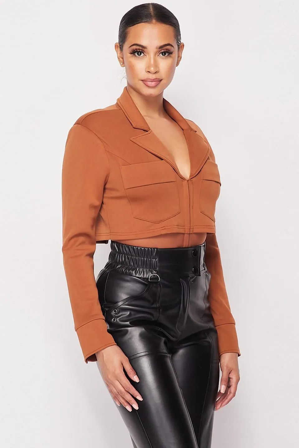 Deep-V Cropped Power Shoulder Blazer Bodysuit