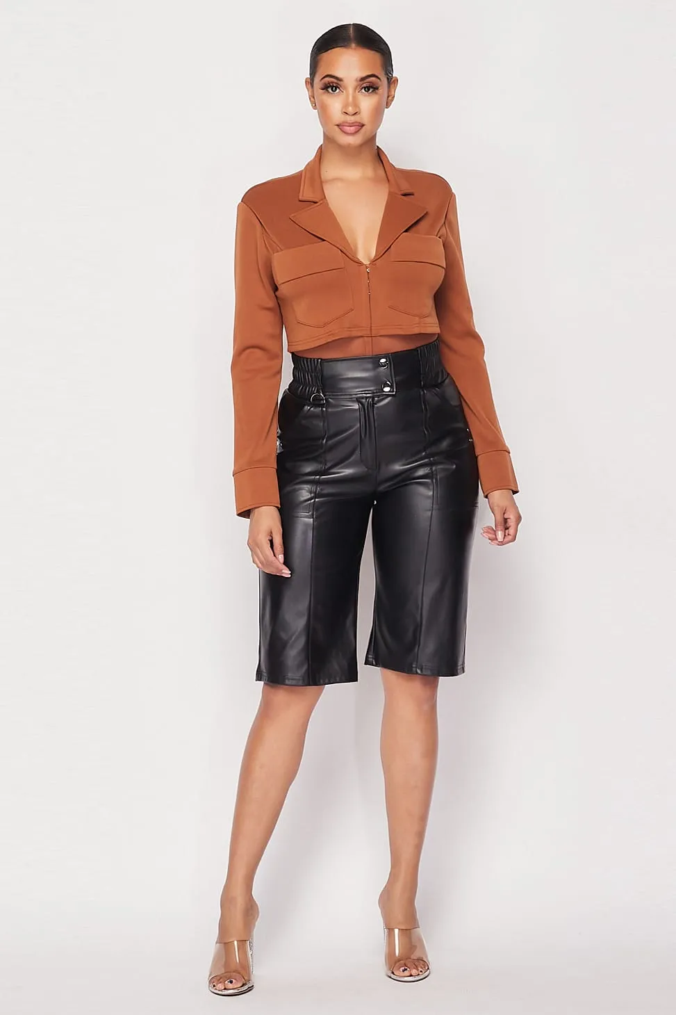 Deep-V Cropped Power Shoulder Blazer Bodysuit