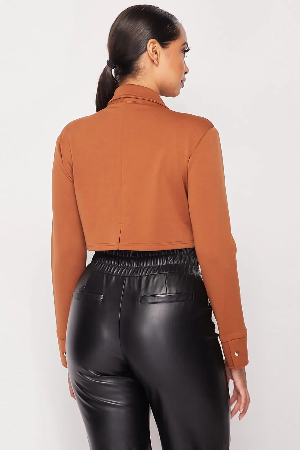 Deep-V Cropped Power Shoulder Blazer Bodysuit