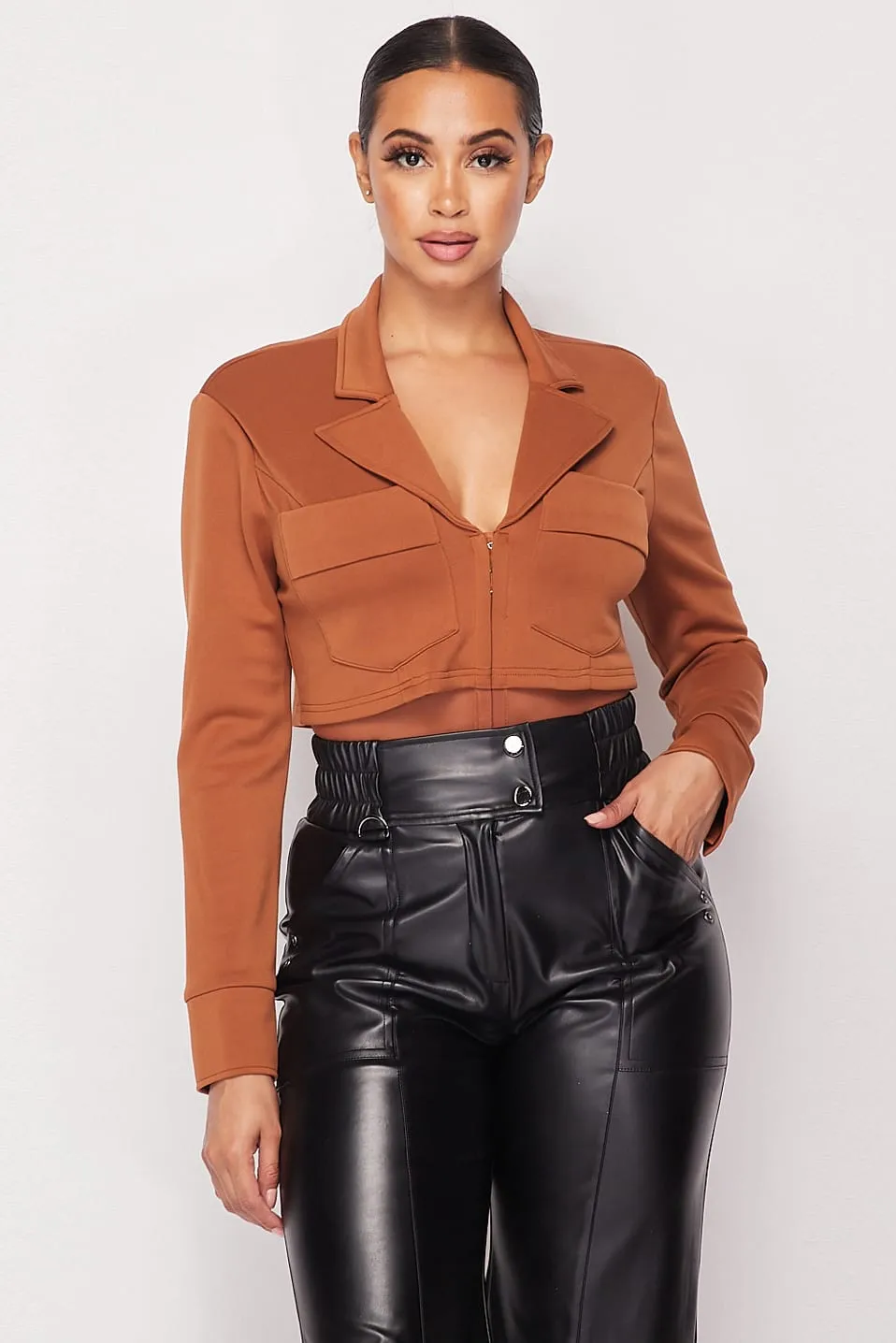 Deep-V Cropped Power Shoulder Blazer Bodysuit