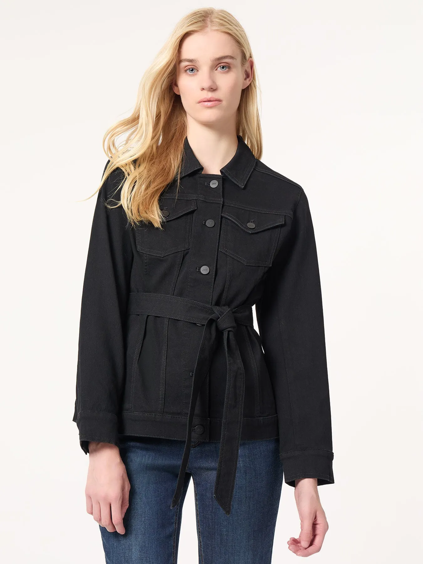 Denim Belted Button-Front Jacket, Onyx Wash