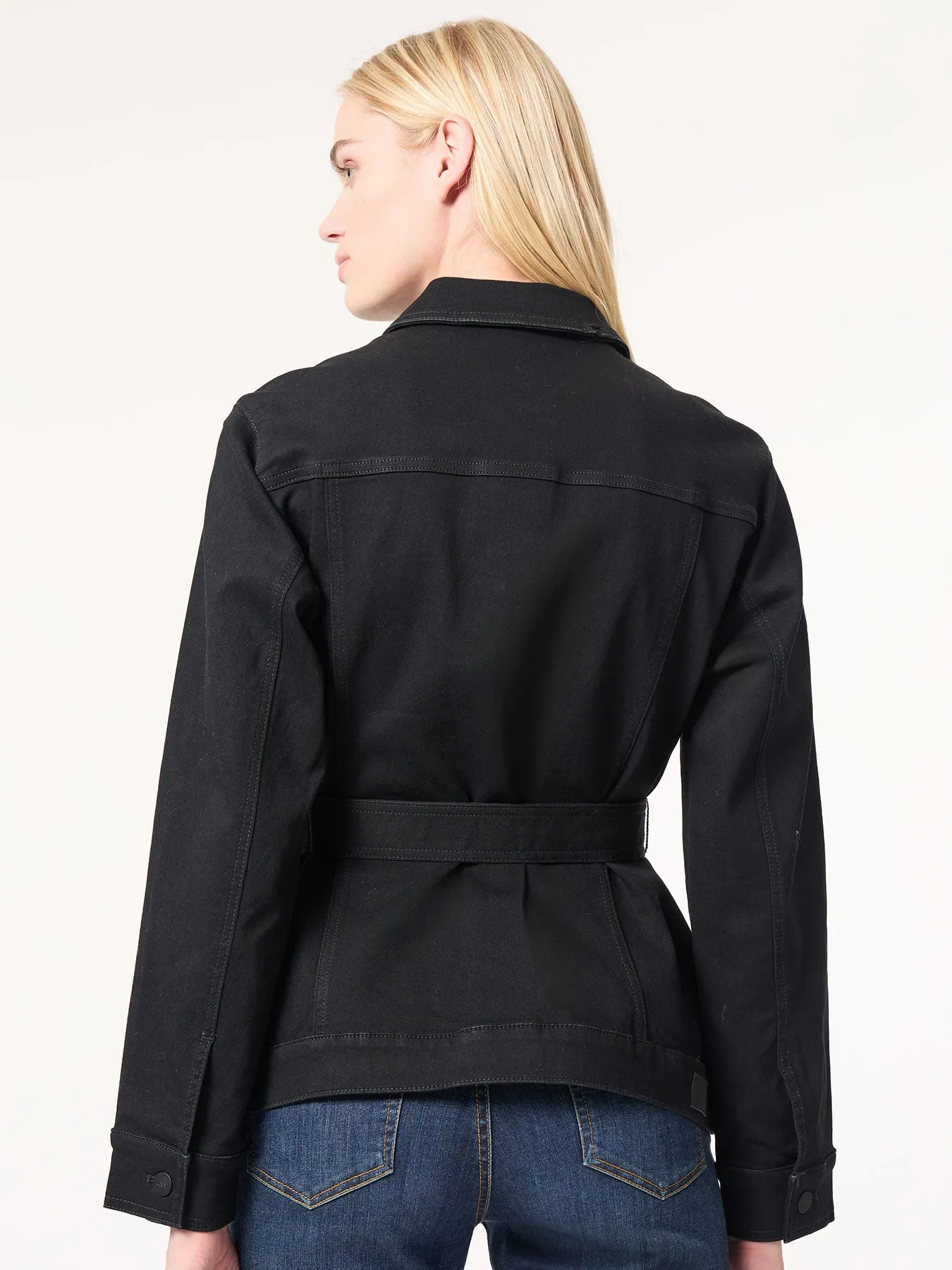 Denim Belted Button-Front Jacket, Onyx Wash