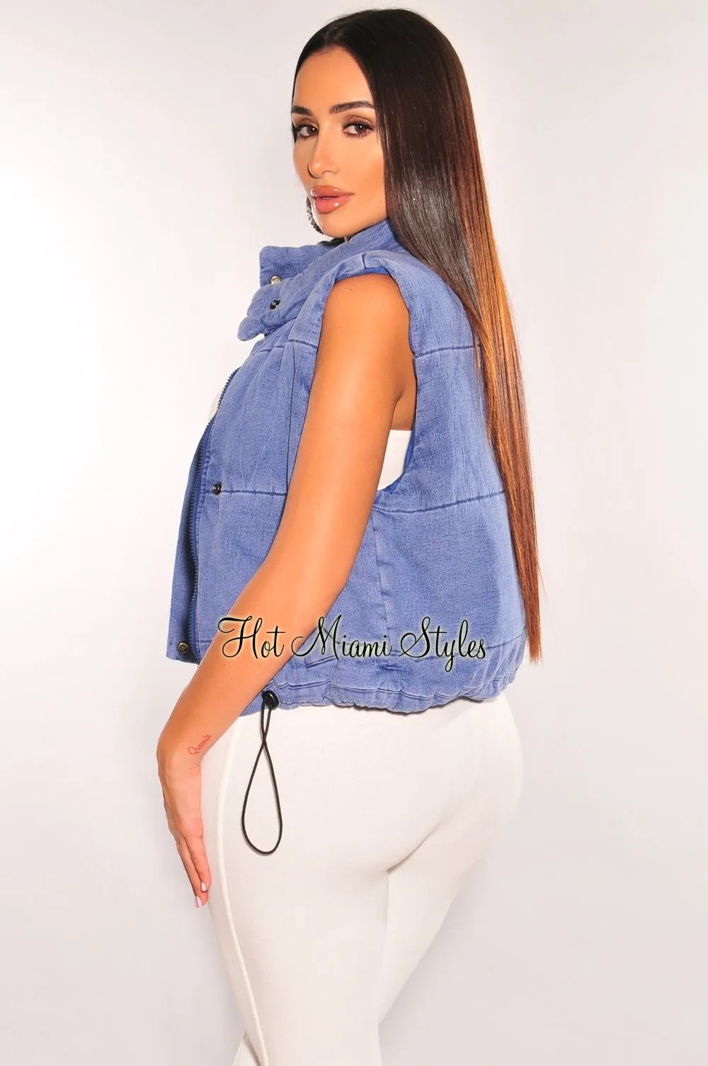 Denim Wash Sleeveless Collared Puffer Cropped Vest