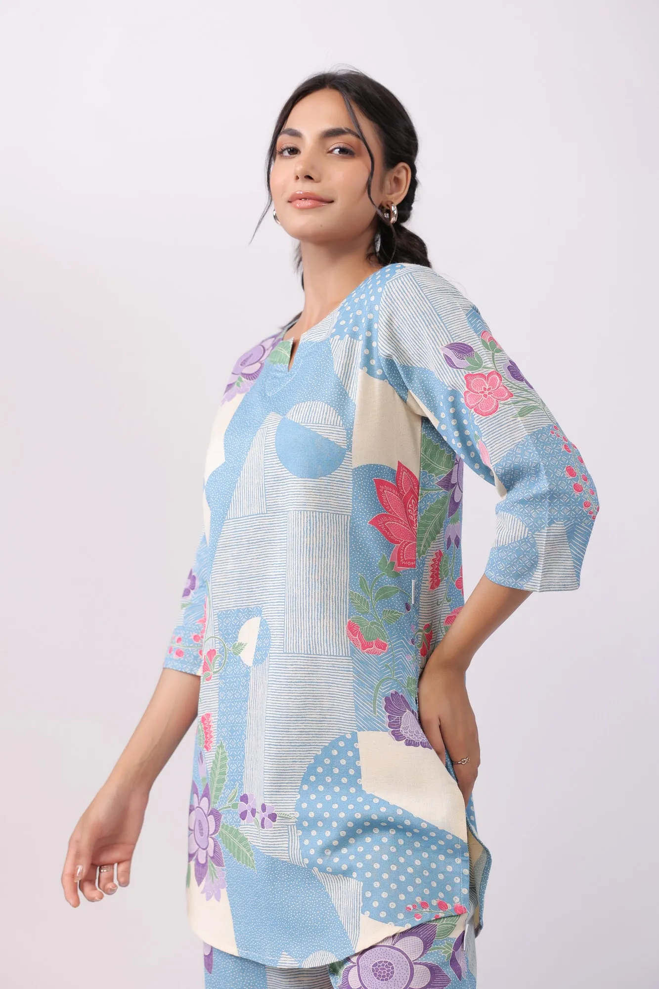 Distant Blooms Blue Cotton Palazzo Loungewear Set