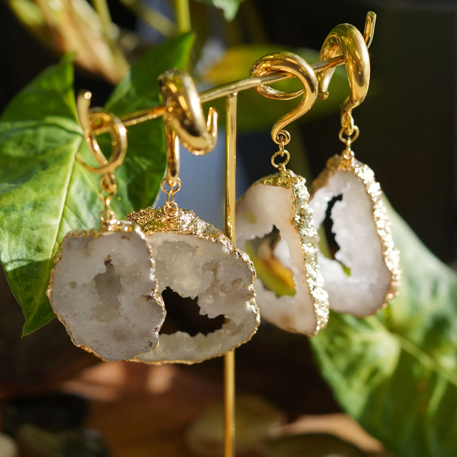 Druzy White Agate With Gold PVD Hook Ear Weight