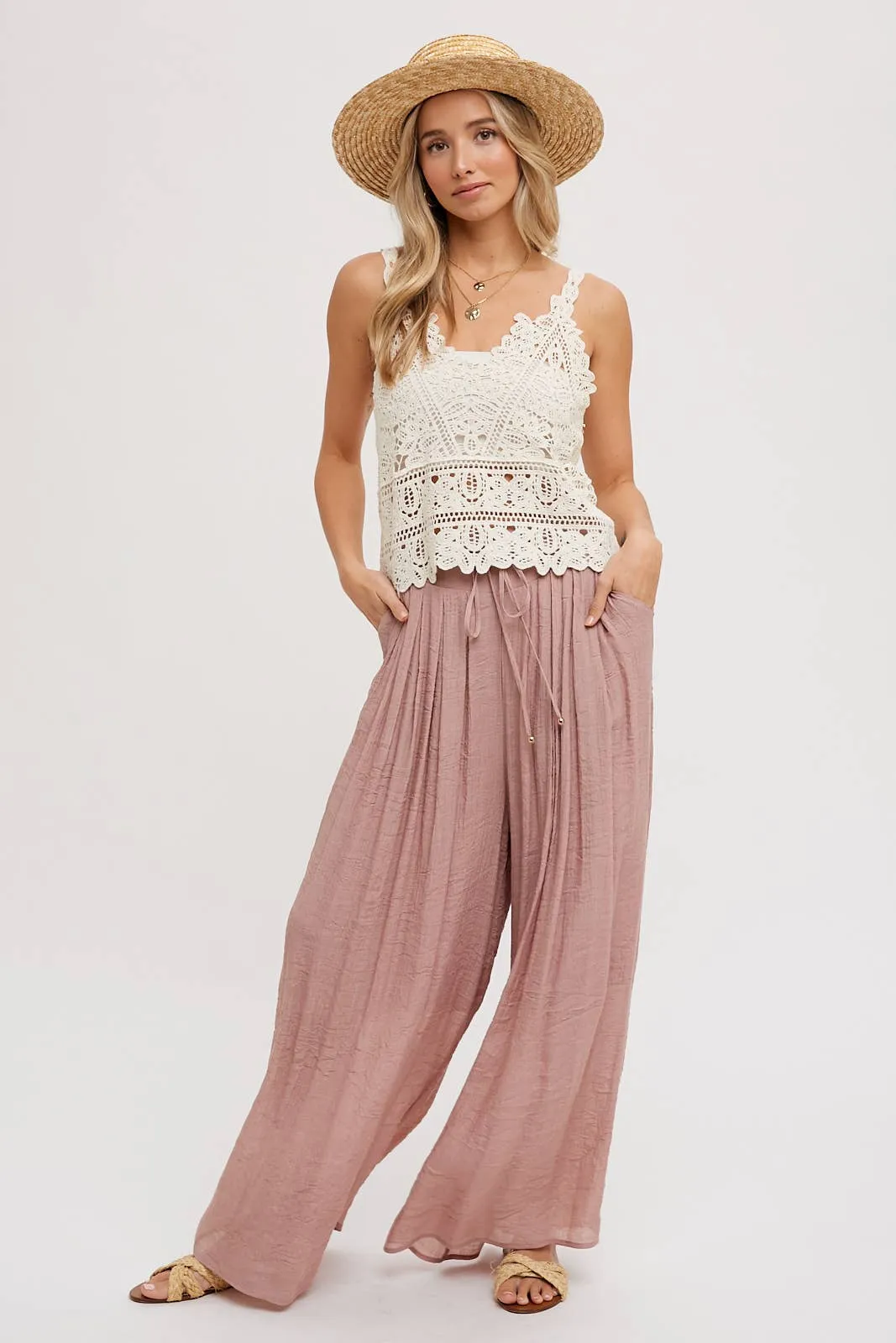 Elastic Waist Drawstring Wide-Leg Pants