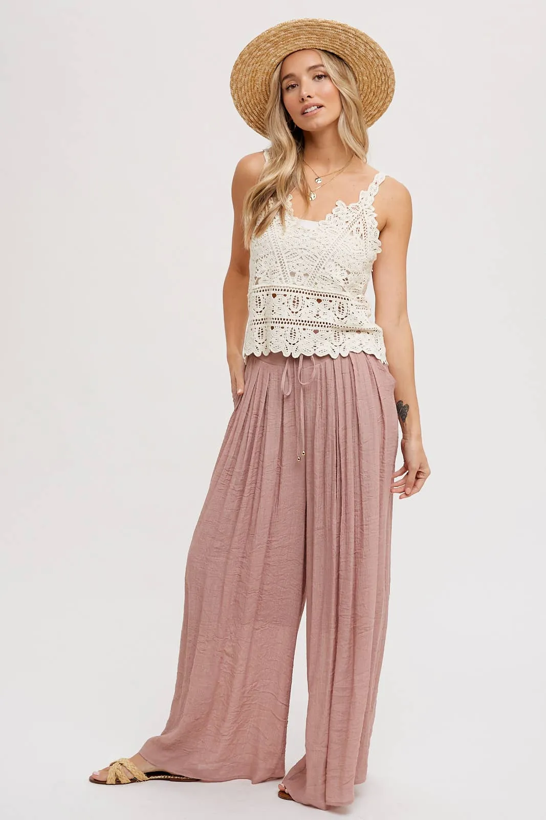 Elastic Waist Drawstring Wide-Leg Pants