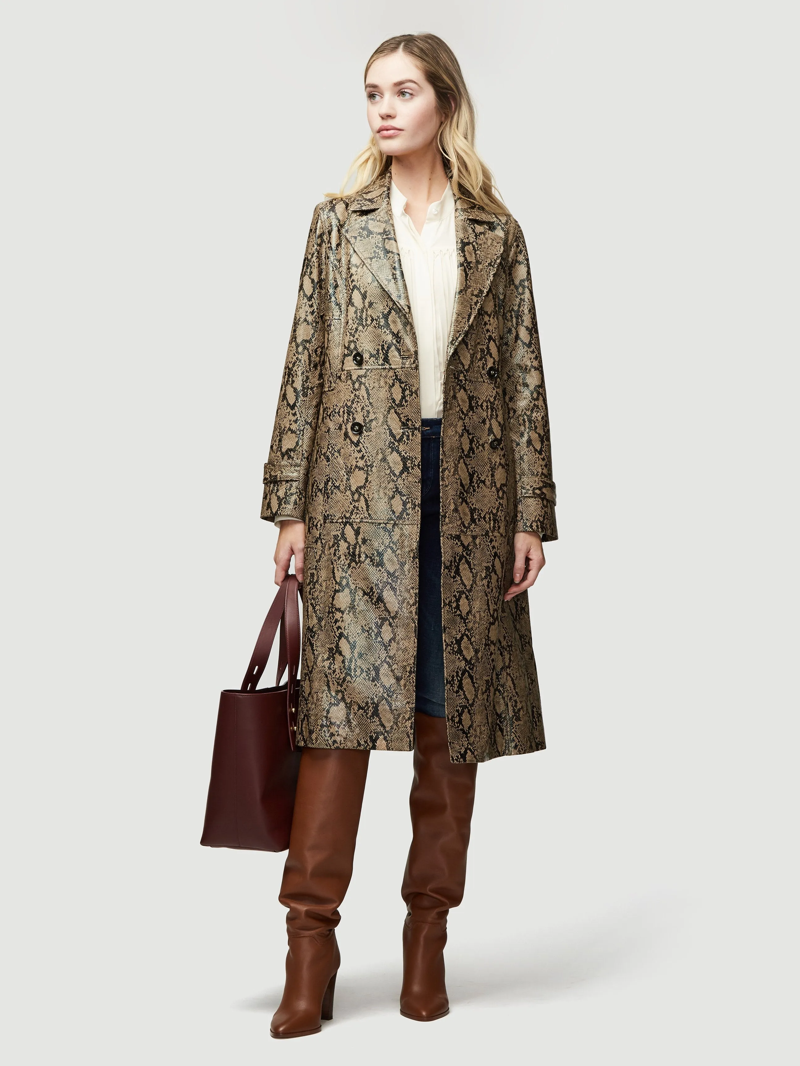 Embossed Python Leather Trench -- Brown Multi