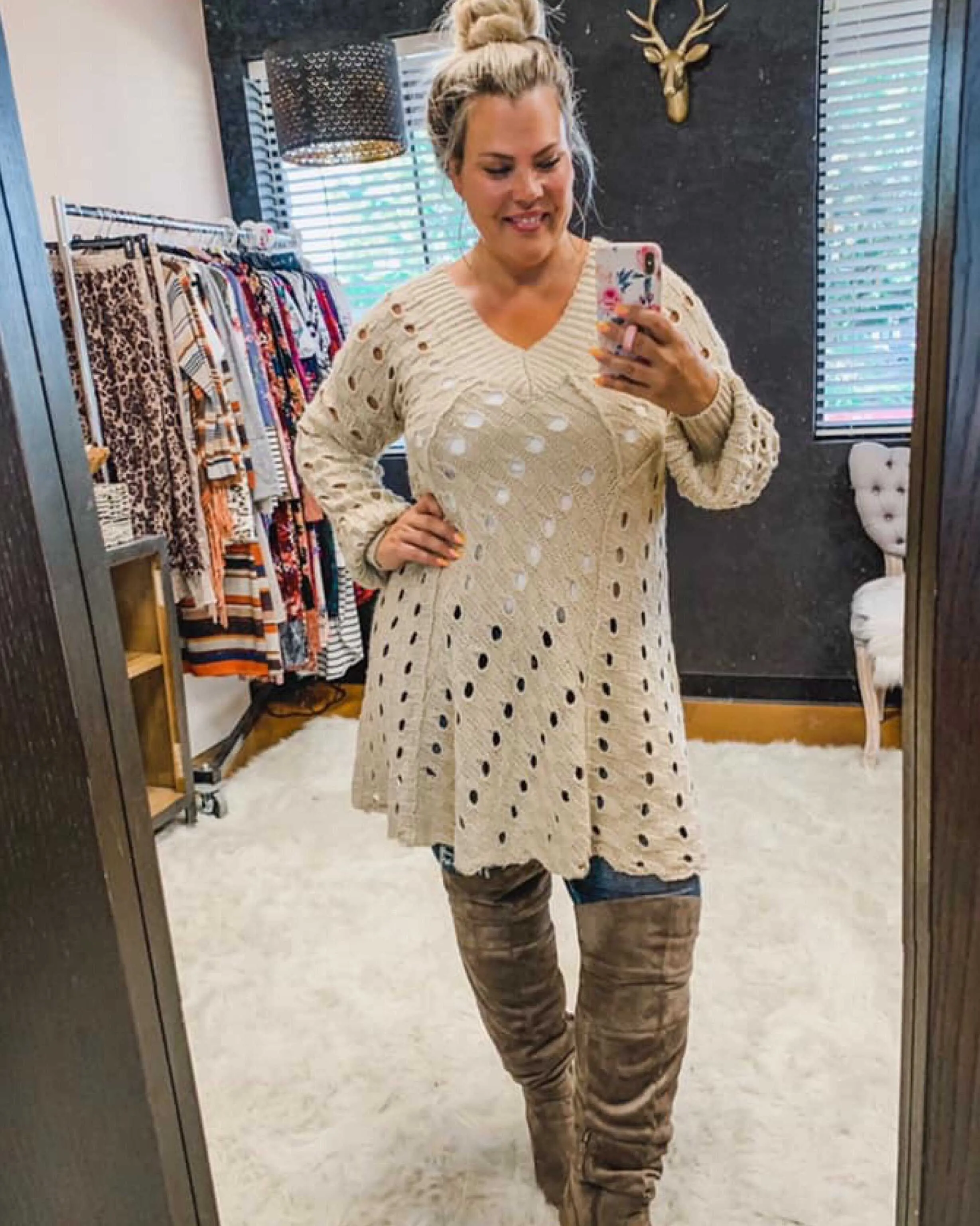 Eyelet V-Neck Solid Sweater