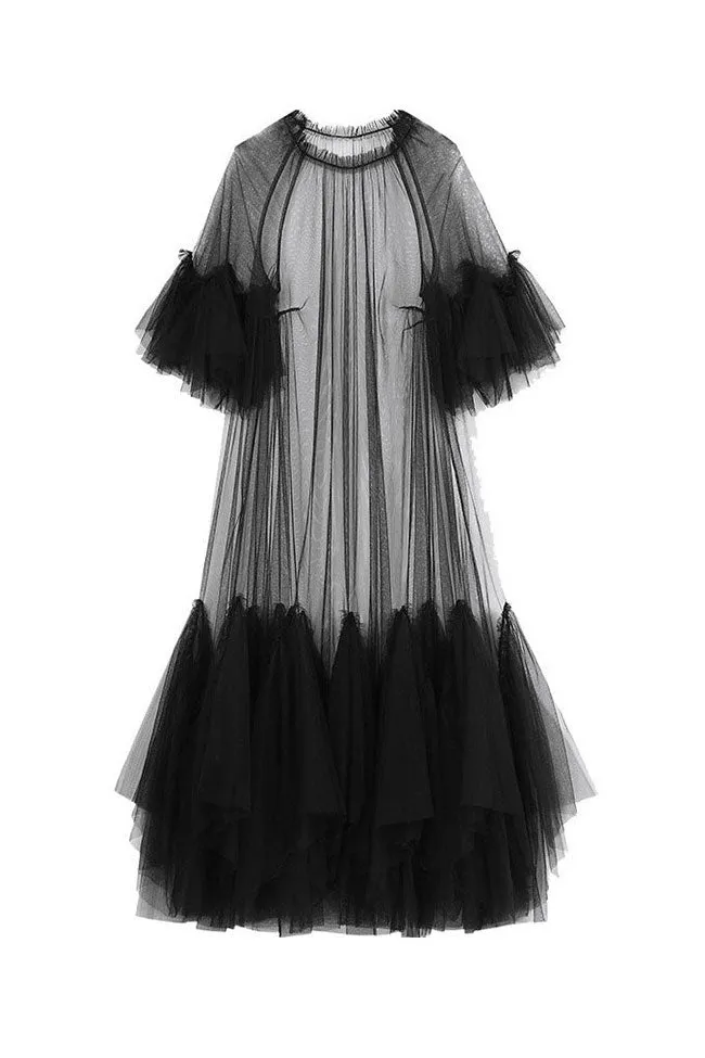 Floaty Ruffle Crew Neck Short Sleeve A Line Sheer Layer Tulle Maxi Dress