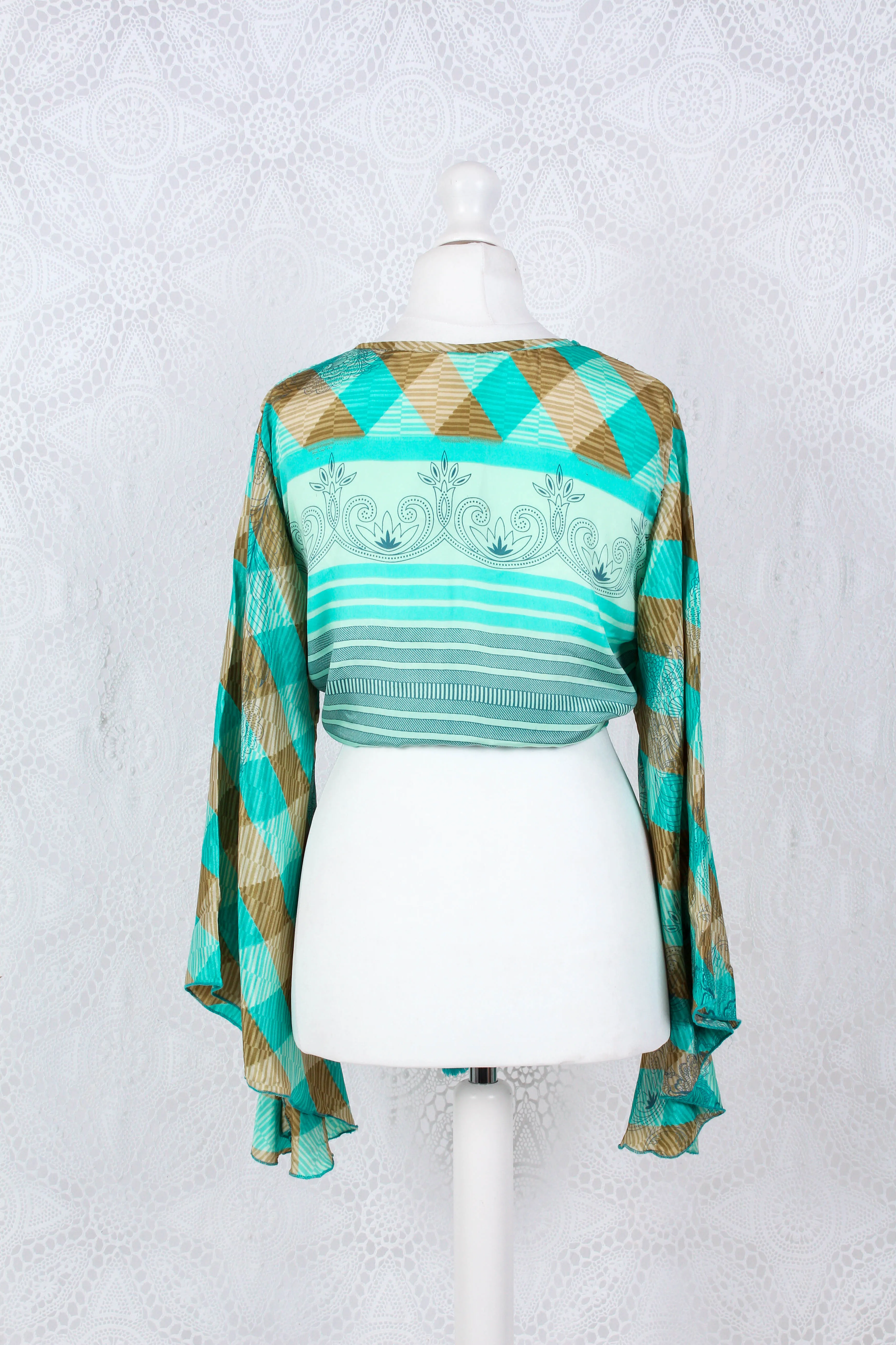 Gemini Wrap Top -  Vintage Indian Sari - Gold & Aqua Blue - Free Size