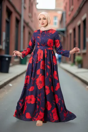 Ghufran Satin Floral Elegance Modesty Maxi Dress with Long Sleeves