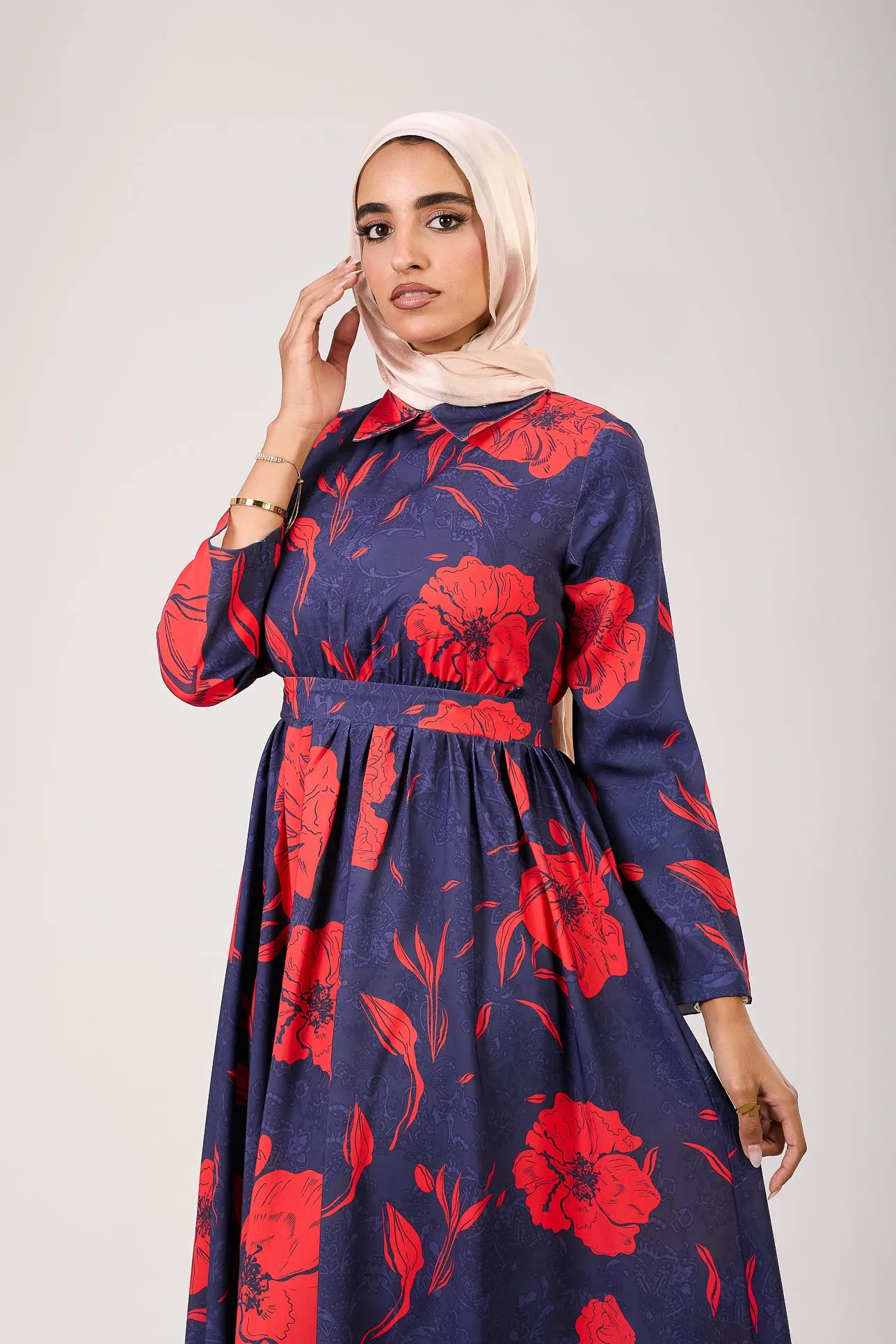 Ghufran Satin Floral Elegance Modesty Maxi Dress with Long Sleeves