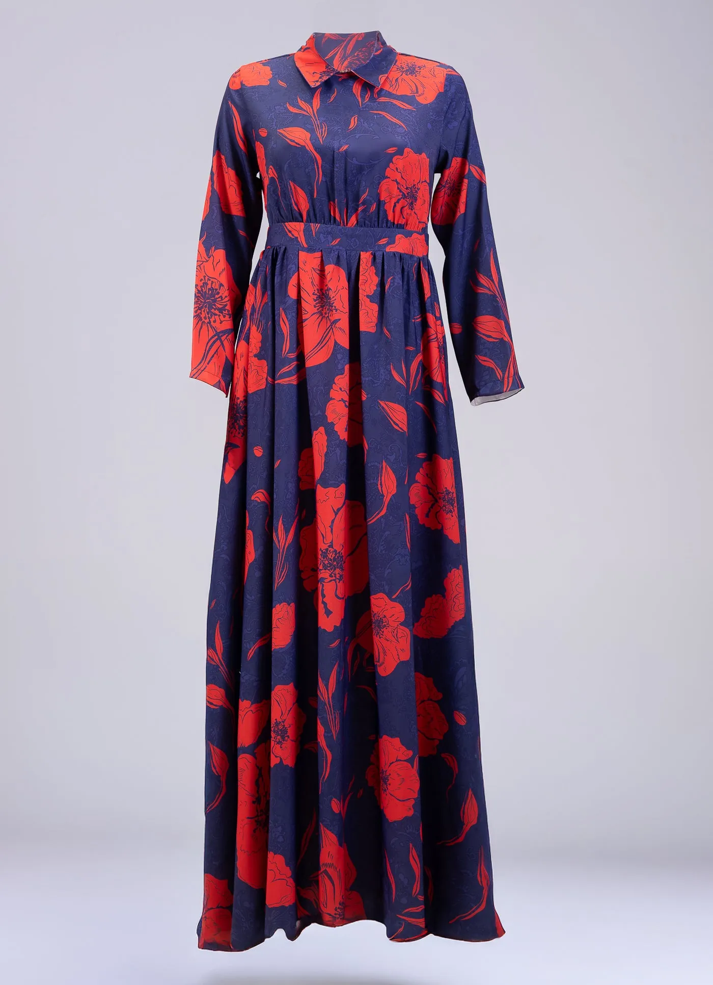 Ghufran Satin Floral Elegance Modesty Maxi Dress with Long Sleeves