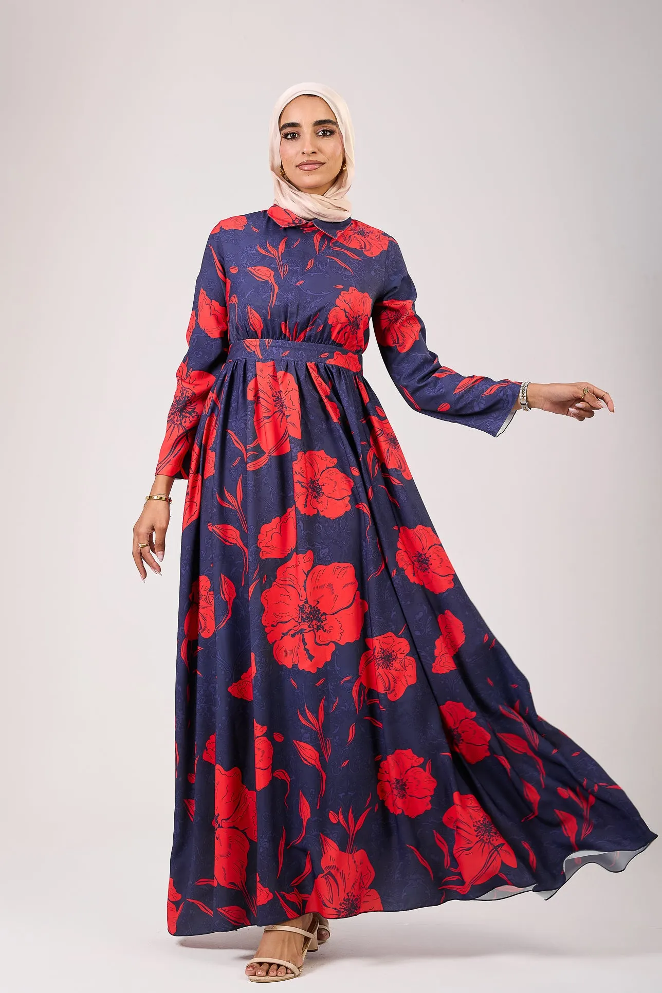 Ghufran Satin Floral Elegance Modesty Maxi Dress with Long Sleeves