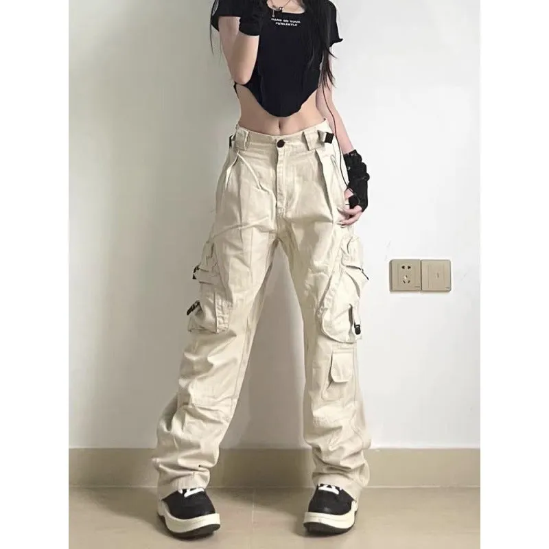 Girlary-shop 90s fashion Retro High Street Large Pocket Overalls Straight Hip Hop Casual Pants Personality Fashion